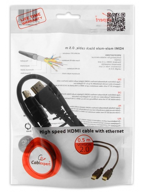 кабель HDMI 2.0 Cablexpert HDMI>HDMI 0.5м, v2.0 черный