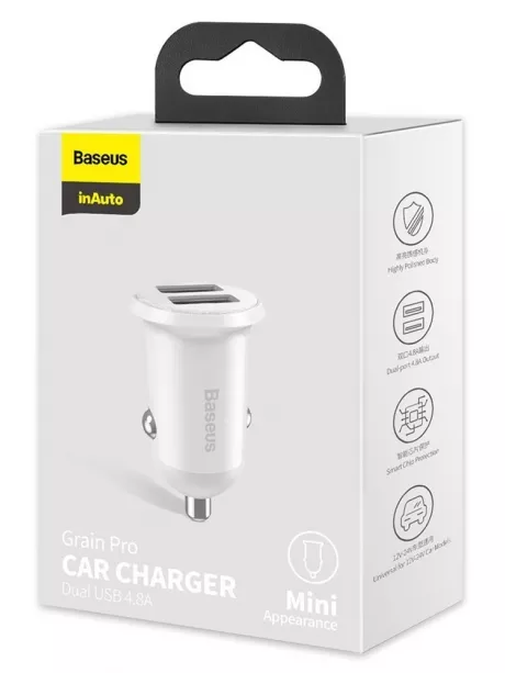 автомобильное зарядное устройство Baseus Grain Pro Car Charger (Dual USB 4.8A ) white