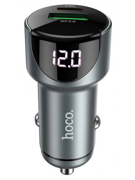 автомобильная зарядка c дисплеем Hoco Z42 Light road dual port digital display PD20W+QC3.0 car charger metal gray