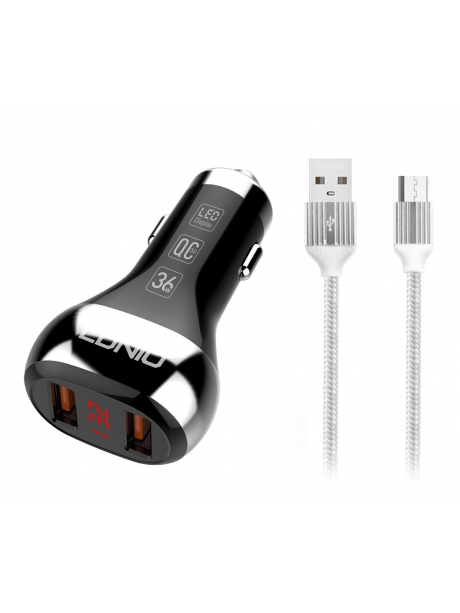 автомобильное зарядное устройство LDNIO АЗУ C2 2USB QC3.0  Fast Charger LED Display + micro cable black