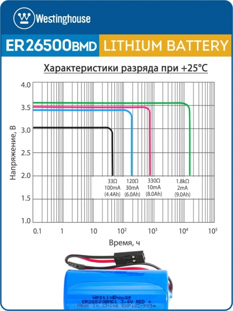 литиевые батарейки Westinghouse ER 26500BMD1 (C) connector 3шт. 