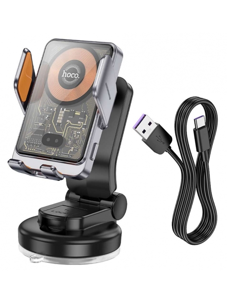 держатель для телефона с беспроводной зарядкой Qi Hoco HW8 Transparent Discovery Edition wireless fast charging holder metal gray