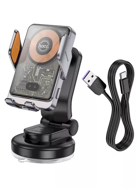 держатель для телефона с беспроводной зарядкой Qi Hoco HW8 Transparent Discovery Edition wireless fast charging holder metal gray