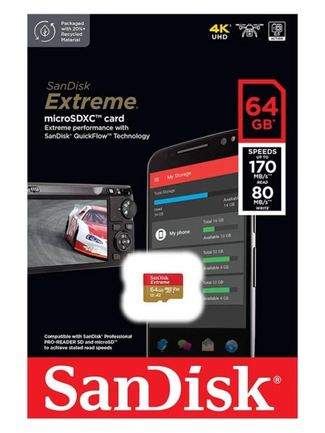 карта памяти SanDisk 64Gb microSDXC Class 10 Extreme UHS-I U3 (170 Mb/s) без адаптера 