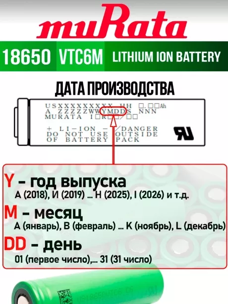 литиевый аккумулятор Murata US 18650 VTC6M 30A 3000mAh 50 шт. 